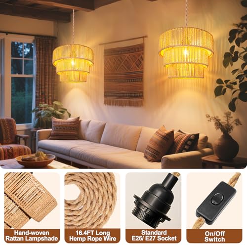 Maliralt Rattan Pendant Light Hanging Lamps - 16.4ft Plug in Cord Hanging Light Fixture Plug Into Wall Outlet Pendant Lighting with On Off Switch for Bedroom Living (3-Tier Rattan Lamp Shade) - size: 12.5 Inch-3-tier Ratan lampshade