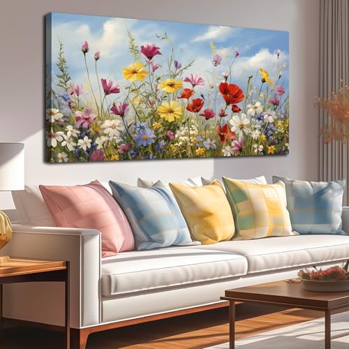 Flower Pictures Wall Decor for Bedroom Women Colorful Wall Art - color: Yellow Red White, size: 58"L x 29"W