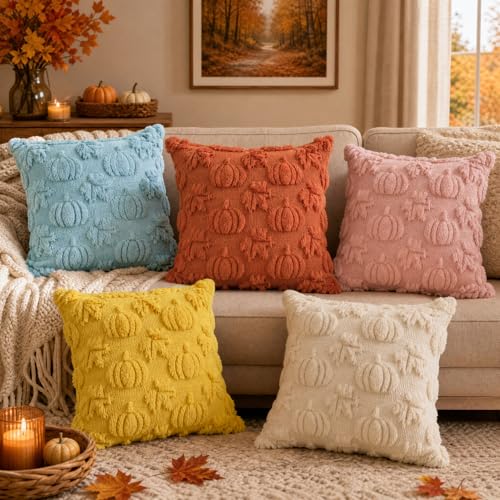 AVOIN colorlife Blue Pumpkin Fall Throw Pillow Covers 18x18 Inch - color: Blue Maple, size: 18" x 18" (Pack of 2)
