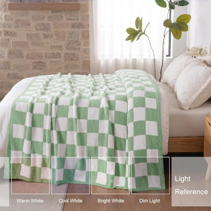 Exclusivo Mezcla Checkered Knit Blanket Twin Size for Bed, Sage Green - color: Sage Green, size: Twin (60"x80")