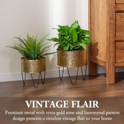 MyGift Modern Brass Metal Plant Containers with Matte Black Stands, 2 Pc