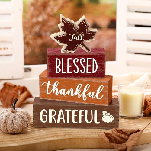 Yousoontic 4 Pcs Hello Fall Figurines Set, Rustic Farmhouse Decor - style: Fall Maple Leaf