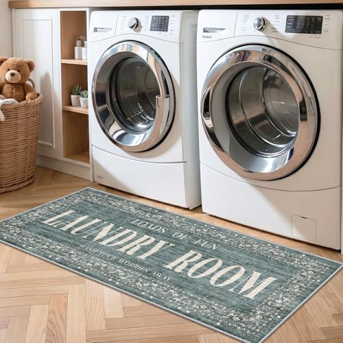 TOPRUUG Non-Slip Laundry Runner Rug: 20x48 Washable Laundry Room Mats for Floor - Vintage Farmhouse Carpet for Front of Washer & Dryer Area - Indoor Low-Pile Soft Mat for Newlywed Family 20"x48"Teal - color: Teal, size: 1'8" x 4' (Rectangular)