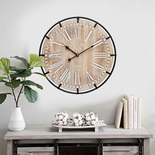 EMAX HOME 20 Inch Large Farmhouse Wall Clock, Rustic Antique Wood with Metal Circle and Large Engraved Numerals, Silent Battery Operated Wall Clock for Office Kitchen Bedroom Living Room - color: Brown, size: 20 Inch Roman numerals
