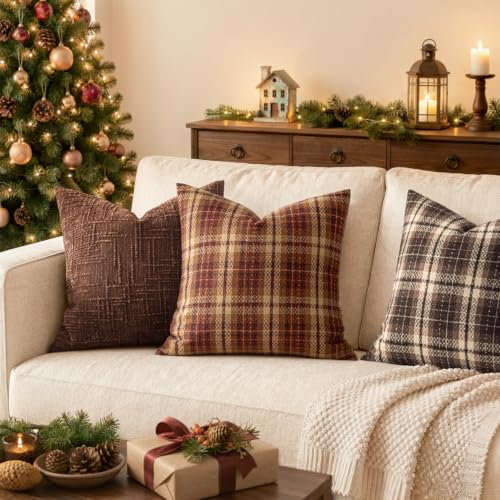 MIULEE Tartan Plaid Throw Pillow Covers Fall 20x20 Inch Reddish Brown - color: Reddish Brown, size: 20" x 20" (Pack of 2)
