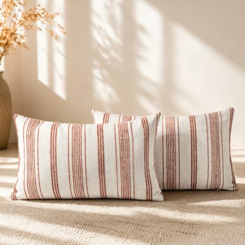 AELS 12x20 Decorative Farmhouse Linen Blend Lumbar Pillow Covers, Beige with Terracotta Chenille Striped Pillow Case, Set of 2, Boho Textured Cushion Cover for Sofa Couch Living Room (Cover ONLY) - color: Terracotta, size: 20" x 12" (Pack of 2)