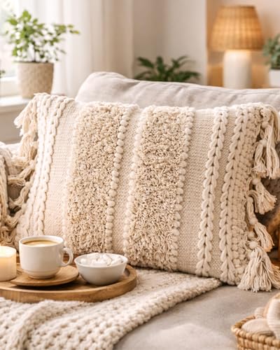Decorative Boho-Chic Square Pillow Cover 18x18 Handwoven Tufted Braided Cotton Accent Pillows, Neutral Throw Cushion for Couch, Sofa or Bed, Farmhouse & Bohemian Home Decor, Trendy USA Design - color: Ivory - Square 18x18