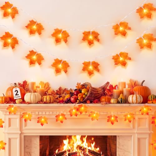 LitHome 2 Pack Thanksgiving Fall Leaves Garland with Lights for Fall Decor | Each 9FT 20LED Battery Operated Autumn Garland for Home,Maple Leaf String Lights for Indoor Halloween Mantel Harvest Decor - size: 2 Pack