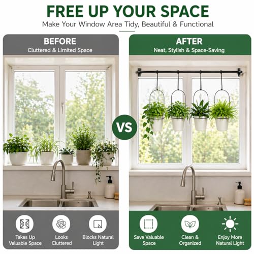 Adjustable Hanging Window Planter with 4 Pots, Space Saving Indoor Herb Garden Plant Hanger, Metal Vertical Plant Rack for Kitchen, Balcony & Home Deco41in-4 Flower pots - size: 41in-4 flower pots