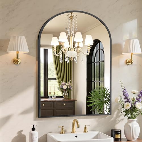 Sweetcrispy 38x30 Bathroom Mirrors for Wall, Arched Mirror for Over Sink - color: Black, size: 30"L x 38"W