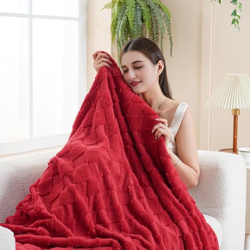 Red Fleece Throw Blanket for Couch Sofa 60”x80” with Diamond Checkered - color: Red, size: Twin(60"x80")