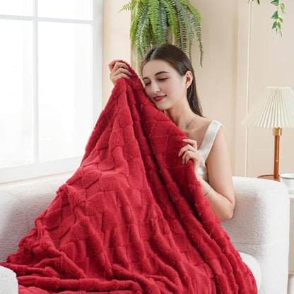 Red Fleece Throw Blanket for Couch Sofa 60”x80” with Diamond Checkered - color: Red, size: Twin(60"x80")