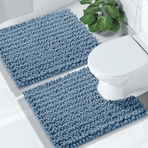 Yimobra Bathroom Rugs Sets 2 Piece, Super Absorbent Bath Mat Set,Denim Blue - color: Denim Blue, size: 24''x17''+24''x20''U-Shaped