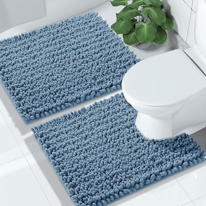 Yimobra Bathroom Rugs Sets 2 Piece, Super Absorbent Bath Mat Set,Denim Blue - color: Denim Blue, size: 24''x17''+24''x20''U-Shaped