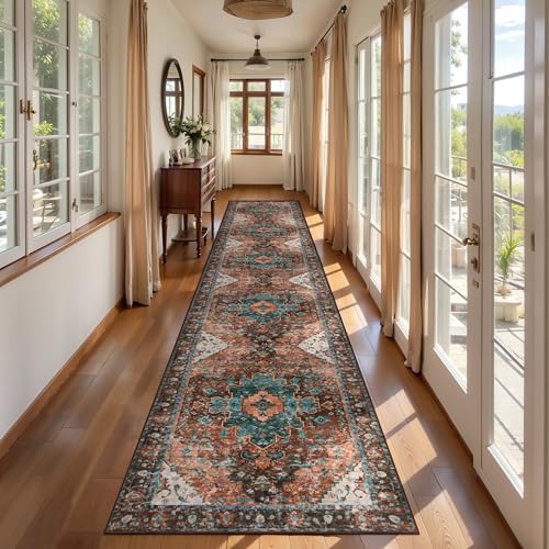 Ciicool 2x12ft Long Non-Slip Back Washable Runner Rugs for Hallways Bedside - color: Brick Red/Dull Teal, size: 2' x 12' (Runner)