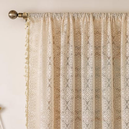 Sheer Boho Lace Curtains 96 Inches Long, Beige, Set of 2 Panels - color: Beige, size: 59"W x 96"L (Pack of 2)
