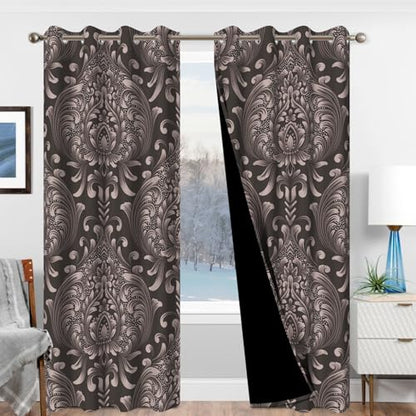 Blackout Curtains 84 Inch Length 2 Panels Set with Tiebacks, Brown Floral Grommet Black Out Curtain for Living Room, Summer Thermal Insulated Soundproof Pattern Darkening Curtains for Girls Bedroom - color: Regal Damask