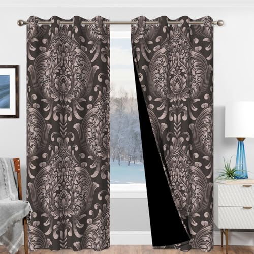Blackout Curtains 84 Inch Length 2 Panels Set with Tiebacks, Brown Floral Grommet Black Out Curtain for Living Room, Summer Thermal Insulated Soundproof Pattern Darkening Curtains for Girls Bedroom - color: Regal Damask