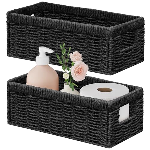 Vagusicc Wicker Storage Basket, Set of 2 Hand Woven Wicker Baskets for Organizing with Handles, Decorative Small Storage Bins for Countertop Toilet Paper Basket for Toilet Tank Top, Shelves, Black - color: Black, size: Small