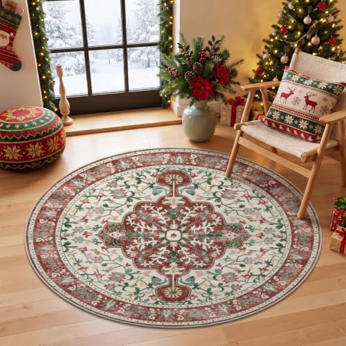 U'Artlines Red Christmas Round Area Rug 4ft Boho Washable Holiday Carpet - color: Christmas Red, size: 4' (Round)
