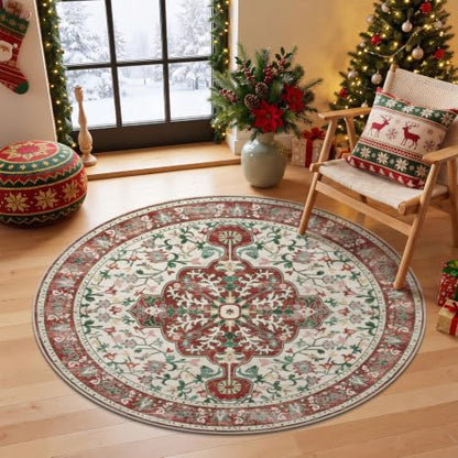 U'Artlines Red Christmas Round Area Rug 5ft Boho Washable Holiday Carpet - color: Christmas Red, size: 5' (Round)