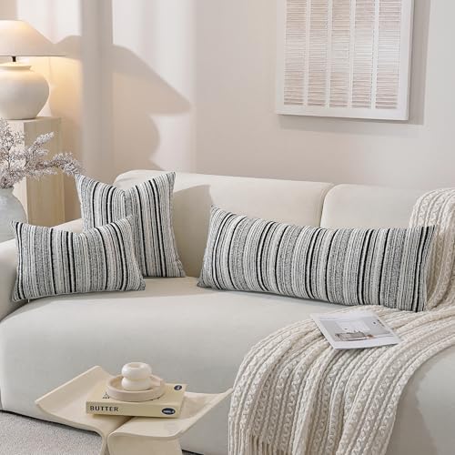 Chenille Throw Decorative Pillow Covers 36x14 Set of 1, Textured Striped Boho Couch Pillow Covers, Cozy Neutral Farmhouse Cushion Cover for Couch Sofa Bedroom Living Room, Black - color: Black Stripe, size: 36" x 14" (Pack of 1)