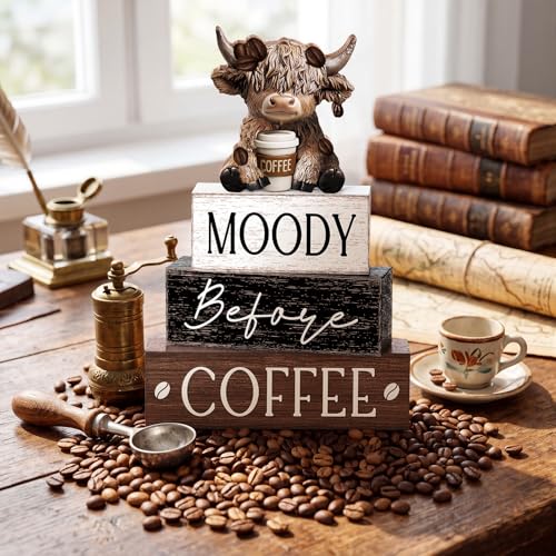 Yousoontic 4 Pcs Coffee Highland Cow Figurine, Rustic Farmhouse Decor - style: Coffee