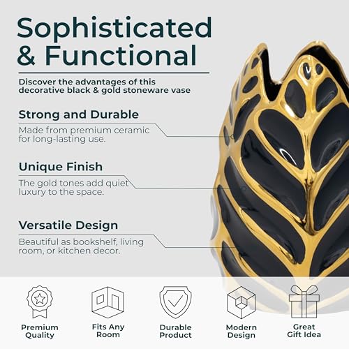 Contemporary Ceramic Flower Pot Vase for Bathroom, 8", Black & Gold