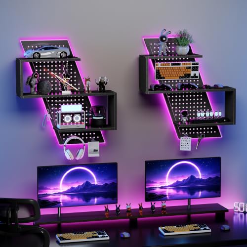 S-Shaped Gaming Floating Shelf with LED Light Strip, 3 Tier Wall Floating Shelf with Pegboard & 4 Removable Hooks, for Bedroom, Game Room, Living Room, Study, Black 999BKSDBJ180 - color: Black