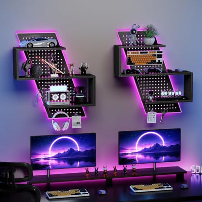 S-Shaped Gaming Floating Shelf with LED Light Strip, 3 Tier Wall Floating Shelf with Pegboard & 4 Removable Hooks, for Bedroom, Game Room, Living Room, Study, Black 999BKSDBJ180 - color: Black
