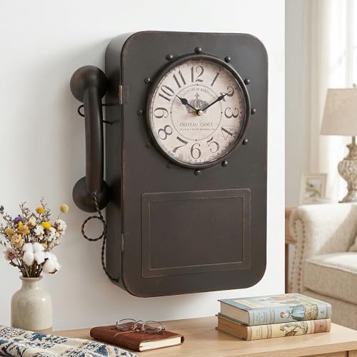 Vintage Telephone Wall Clock with Hidden Storage Safe, Retro Lockable Wall Mounted Key Holder Cabinet with Secret Compartment, Silent Non-Ticking Decorative Clock for Home Decor, 15.2"