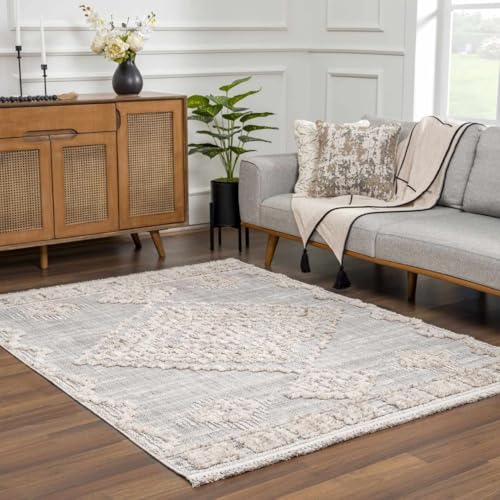 Hauteloom Aria Modern Moroccan Medallion Farmhouse Living Room, Bedroom Area Rug - High Low - High Pile Carpet - Cream, Beige, Brown, Beige - 5'3" x 7' - color: Charcoal, Cream, Beige / Ampusungan, size: 5'3" x 6'11" (Rectangular)