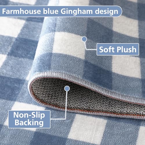 Dunzy 2 Pcs Blue Gingham Kitchen Mats Cute Farmhouse Plaid Runners Non-Slip - color: Blue