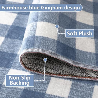 Dunzy 2 Pcs Blue Gingham Kitchen Mats Cute Farmhouse Plaid Runners Non-Slip - color: Blue