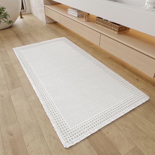 RESARE Waffle Bathroom Runner Rugs, Non Slip Boho Bath Mat 24"x48" White | Long Absorbent Bathroom Floor Mats Machine Washable Quick Dry, Soft Solid 2'x4' Bath Rugs with Tassels, Ideal Farmhouse Decor - color: White, size: 2' X 4'