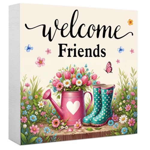 Welcome Wooden Box Sign,Welcome Friends Sign Spring Decorations for Home Office Bathroom Kitchen for Desk Shelf Table Decor - color: Welcome Friends
