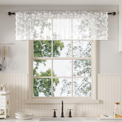 Rinwoc White Lace Semi-Sheer Kitchen Valance Curtains – Vintage Leaf Lace Tiers for Bedroom, Privacy Light Filtering Rod Pocket Window Valances, Elegant Scalloped Valances 1 Panel, 52W x 14L Inch - color: White Leaf, size: 52"W x 14"L (Pack of 1)