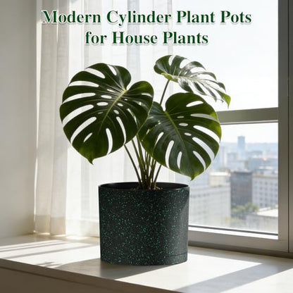 Plant Pots, 10/9/8 Inch 3 Pack Cylindrical Flower Pots with Drainage Holes and Saucers, Plastic Planters for Outdoor Indoor Plants, Black with Green Speckles - color: Black With Green Speckles