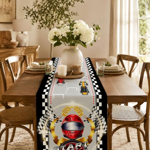 Race Car Table Runner Linen Checkered Racing Birthday Party Decor 72 inch - color: Grey