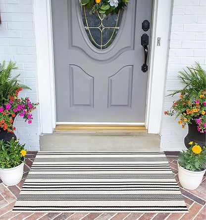 Black and White Striped Doormat 24"x35"Cotton Washable Fall Layering Rug - color: White Striped, size: 2' x 3' (Rectangular)