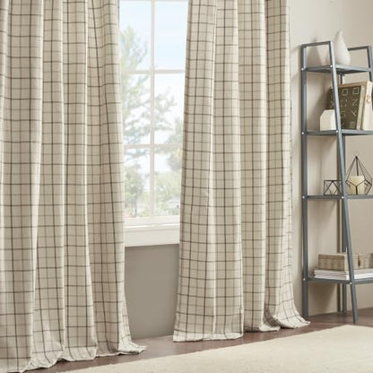 Madison Park Plaid Window Curtain, 1 Panel, 50x95 Natural, Top Tab - color: Faux Leather Tab Top, Natural, size: 50"W x 95"L (Pack of 1)