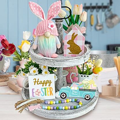 Easter Decorations, 5Pcs Easter Gnome Tiered Tray Decor, Glitter Easter Wood Signs, Truck Full of Eggs, Easter Bunny Gnome, Spring Easter Bead Garland, Rustic Farmhouse Spring Easter Decor - style: Easter
