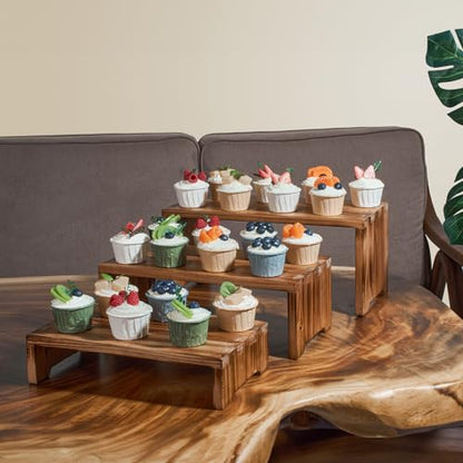 DAOYOUSKY Set of 3 Wooden Rustic Cupcake Stand for 24 Cupcakes, Stepped Wood Display Stand for Weddings, Tiered Party Buffet Table Display Nesting Riser for Food , Dessert, Cookie, Craft Show, Burnt - color: Burnt
