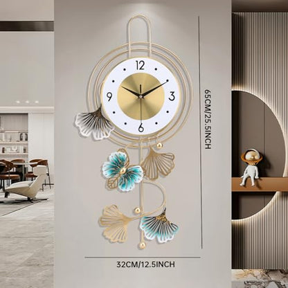 Large Wall Clock for Living Room, Round dial with Golden Green Leaves and Butterfly, Modern Silent Non-ticking Metal Wall Clocks for Kitchen Bedroom Study Office, 12.5x25.5inch (Gold Butterfly&Leaves) - color: White Leaf