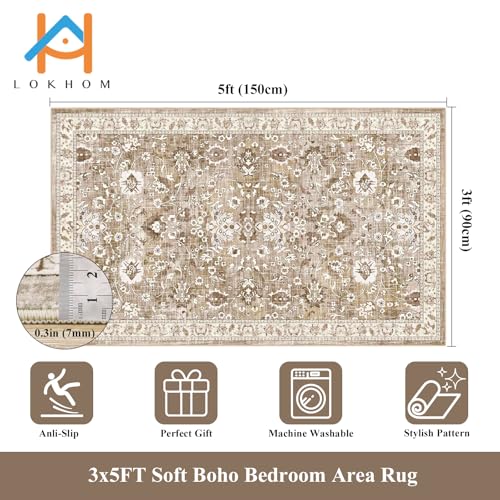 LOKHOM 3x5 Washable Area Rug, Boho Floral Non-Slip Kitchen Area Mat, Beige - color: Beige Brown, size: 3' x 5' (Rectangular)