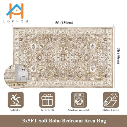 LOKHOM 3x5 Washable Area Rug, Boho Floral Non-Slip Kitchen Area Mat, Beige - color: Beige Brown, size: 3' x 5' (Rectangular)