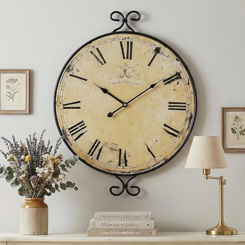 24 Inch Large Farmhouse Wall Clock, Wrought Iron Frame with Retro Gold Finish, Silent Battery Operated Wall Clocks for Living Room, Kitchen, Home Decor - color: Retro Gold Wall Clock-24'', size: 24 Inch