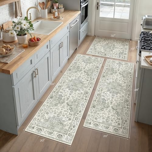 Washable Neutral Green Kitchen Runner Rug Set of 3 - color: Neutral | Green, size: 20"x32"+20"x48"+20"x59"