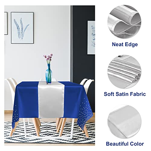 8Pack Disposable Plastic Tablecloths and Satin Table Runner Set Blue and Silver Dot Tablecloth Silver Satin Table Runner for Wedding Birthday Baby Shower Anniversary Christmas New Year Party Supplies - color: Blue and Silver, size: 8 Pack