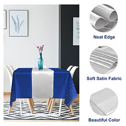 8Pack Disposable Plastic Tablecloths and Satin Table Runner Set Blue and Silver Dot Tablecloth Silver Satin Table Runner for Wedding Birthday Baby Shower Anniversary Christmas New Year Party Supplies - color: Blue and Silver, size: 8 Pack